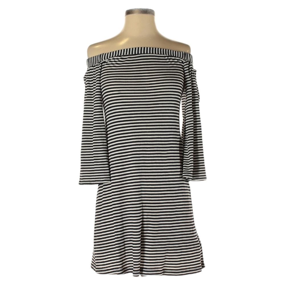 Veronica M Off The Shoulder Dress Size‎ XS Navy Blue White Striped Rayon Spandex